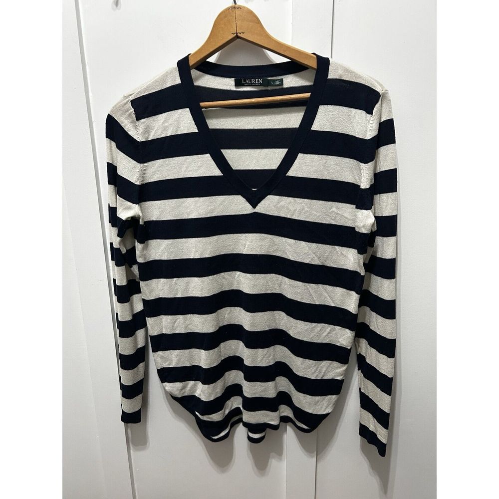 Lauren Ralph Lauren Light Sweater Navy Striped Nautical Preppy V-Neck Size Large